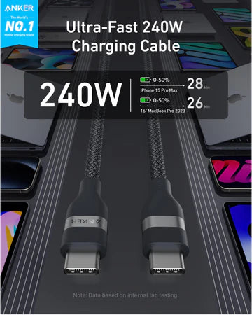 Anker USB-C to USB-C Cable (3ft, 240W, Braided) Black